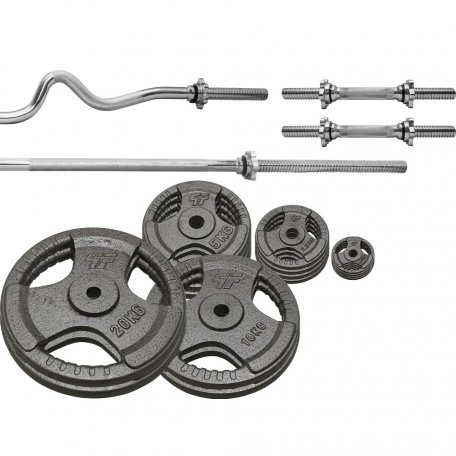 PF Zestaw obciążenie żeliwne 115kg (2x20, 2x10, 4x5kg, 4x2,5kg, 4x1,25kg) 29mm + 4 gryfy