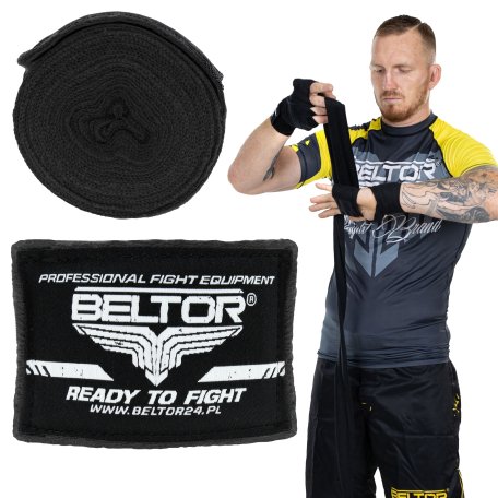 Beltor Owijki bokserskie bawełniane 3m Czarne Bandaże Taśmy treningowe