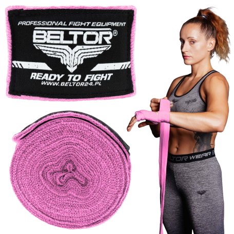Beltor Owijki bokserskie bawełniane 3m Różowe Bandaże Taśmy treningowe