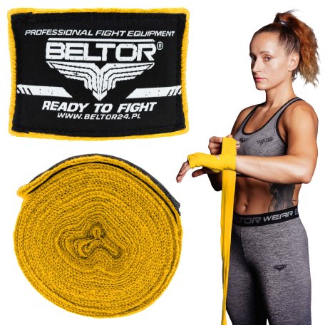 Beltor Owijki bokserskie bawełniane 4m Żółte Bandaże Taśmy treningowe